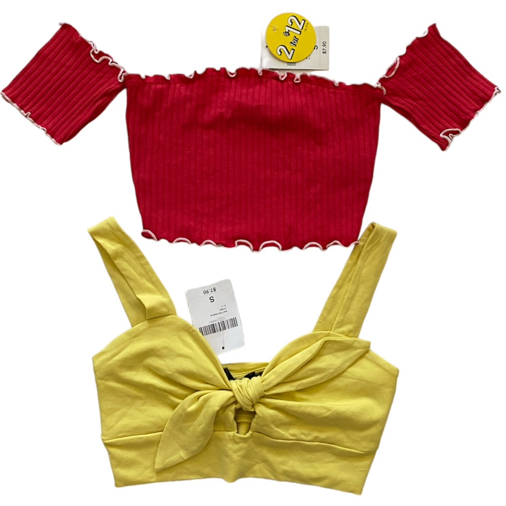 Forever 21, Buy 2 for 10$. Red Off The Shoulder and YellowCrop Top.  M104